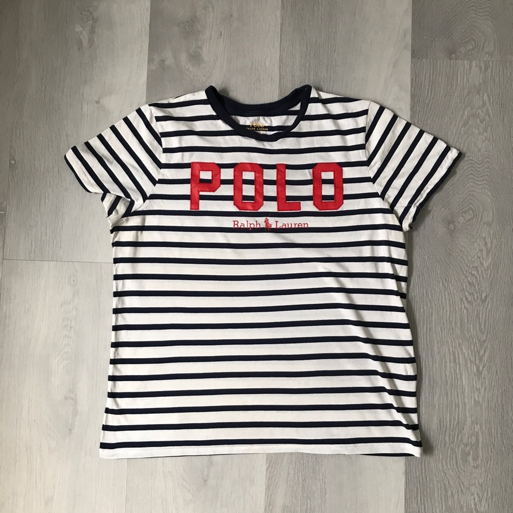 POLO RALPH LAURENS STRIPE NAVY WHITE LOGO T SHIRT WOMENS LARGE
